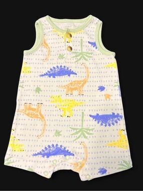 Mon Cheri White Romper with Yellow, Blue, Green, and Orange Dinosaur Print